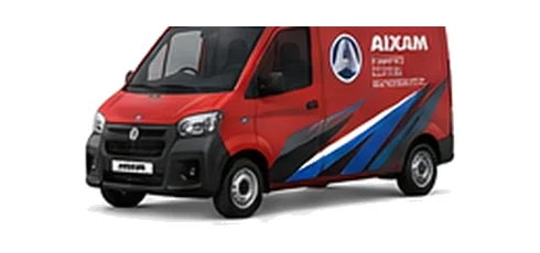 Aixam D-Truck Van in red with custom van vinyl graphics, front three-quarter view.
