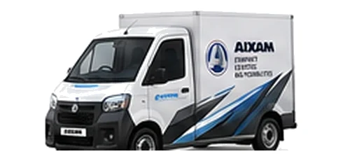 Aixam e-Truck Van in white with custom van vinyl graphics, front three-quarter view.