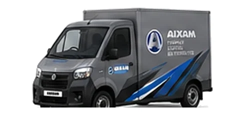 Aixam e-Truck Van in grey with custom van vinyl graphics, front three-quarter view.