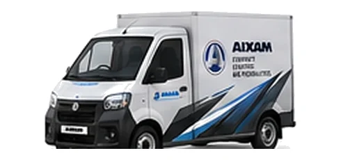 Aixam e-Truck Van in silver with custom van vinyl graphics, front three-quarter view.