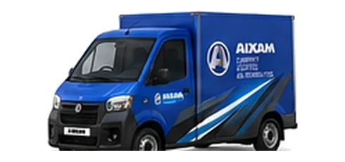 Aixam e-Truck Van in blue with custom van vinyl graphics, front three-quarter view.