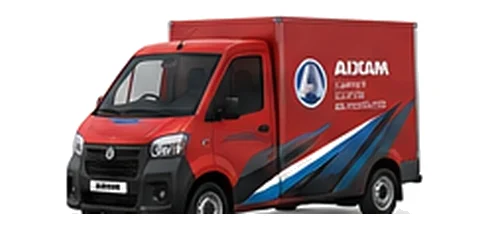Aixam e-Truck Van in red with custom van vinyl graphics, front three-quarter view.