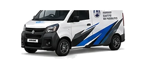 Aixam Mega Van in white with custom van vinyl graphics, front three-quarter view.
