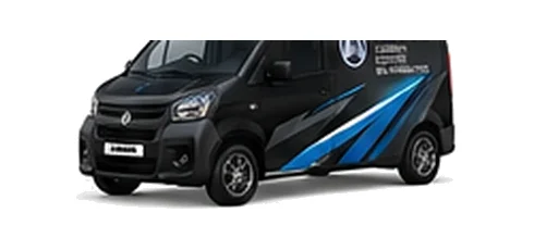 Aixam Mega Van in black with custom van vinyl graphics, front three-quarter view.