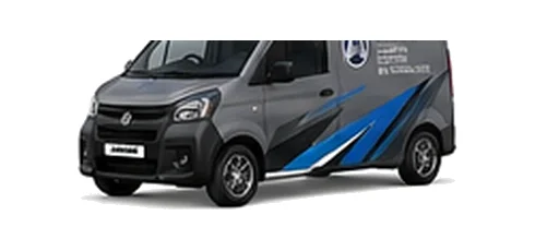 Aixam Mega Van in grey with custom van vinyl graphics, front three-quarter view.