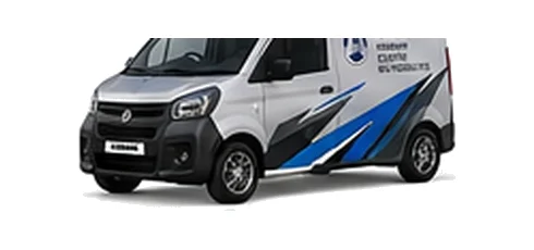 Aixam Mega Van in silver with custom van vinyl graphics, front three-quarter view.