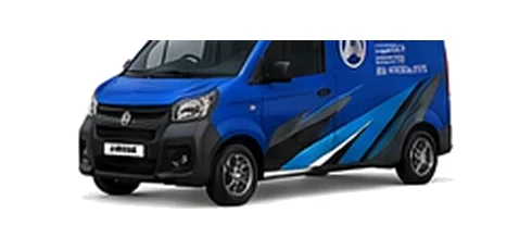 Aixam Mega Van in blue with custom van vinyl graphics, front three-quarter view.