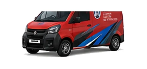 Aixam Mega Van in red with custom van vinyl graphics, front three-quarter view.