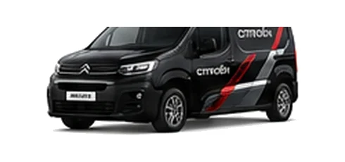 Citroen Berlingo in black with custom van vinyl graphics, front three-quarter view.