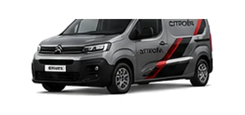 Citroen Berlingo in grey with custom van vinyl graphics, front three-quarter view.