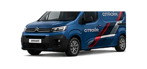 Citroen Berlingo in blue with custom van vinyl graphics, front three-quarter view.
