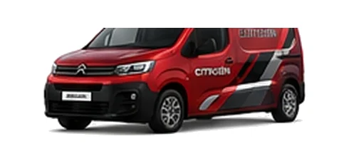 Citroen Berlingo in red with custom van vinyl graphics, front three-quarter view.