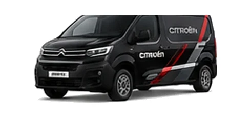 Citroen Dispatch in black with custom van vinyl graphics, front three-quarter view.