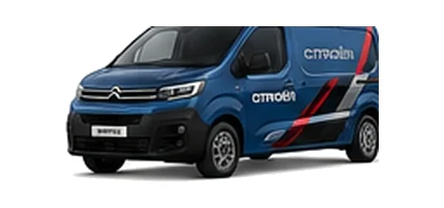 Citroen Dispatch in blue with custom van vinyl graphics, front three-quarter view.