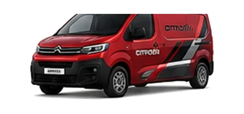 Citroen Dispatch in red with custom van vinyl graphics, front three-quarter view.