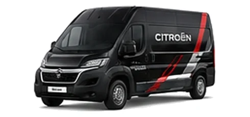 Citroen Relay in black with custom van vinyl graphics, front three-quarter view.