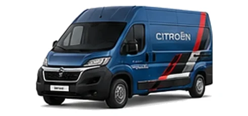 Citroen Relay in blue with custom van vinyl graphics, front three-quarter view.