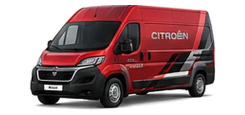 Citroen Relay in red with custom van vinyl graphics, front three-quarter view.