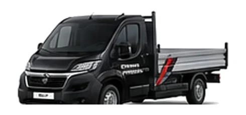 Citroen Relay Dropside in black with custom van vinyl graphics, front three-quarter view.