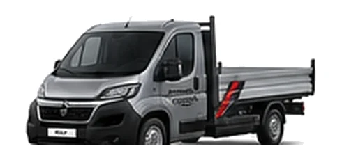 Citroen Relay Dropside in grey with custom van vinyl graphics, front three-quarter view.