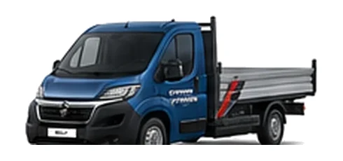 Citroen Relay Dropside in blue with custom van vinyl graphics, front three-quarter view.