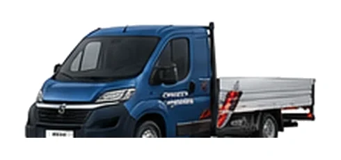 Citroen Relay Low Loader in blue with custom van vinyl graphics, front three-quarter view.