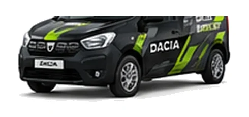 Dacia Dokker Van in black with custom van vinyl graphics, front three-quarter view.