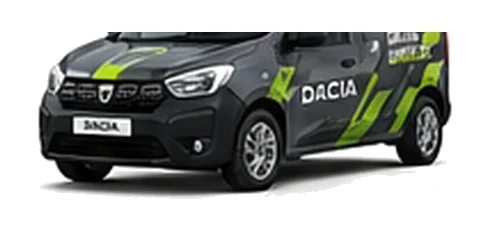 Dacia Dokker Van in grey with custom van vinyl graphics, front three-quarter view.