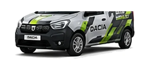 Dacia Dokker Van in silver with custom van vinyl graphics, front three-quarter view.
