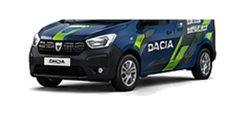 Dacia Dokker Van in blue with custom van vinyl graphics, front three-quarter view.