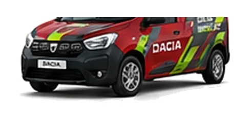 Dacia Dokker Van in red with custom van vinyl graphics, front three-quarter view.