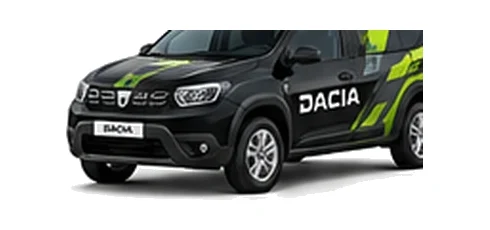Dacia Duster Commercial in black with custom van vinyl graphics, front three-quarter view.