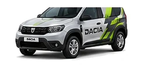 Dacia Duster Commercial in silver with custom van vinyl graphics, front three-quarter view.