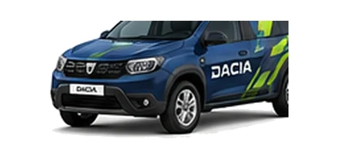 Dacia Duster Commercial in blue with custom van vinyl graphics, front three-quarter view.