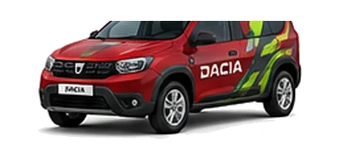 Dacia Duster Commercial in red with custom van vinyl graphics, front three-quarter view.