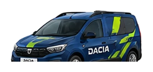 Dacia Jogger Cargo in blue with custom van vinyl graphics, front three-quarter view.