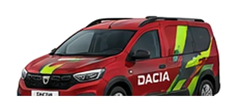 Dacia Jogger Cargo in red with custom van vinyl graphics, front three-quarter view.