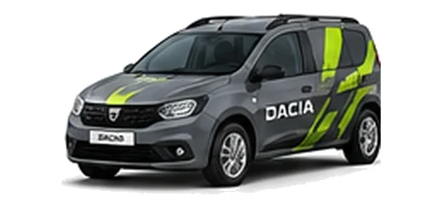 Dacia Logan MCV Van in grey with custom van vinyl graphics, front three-quarter view.