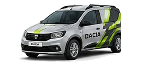 Dacia Logan MCV Van in silver with custom van vinyl graphics, front three-quarter view.