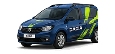 Dacia Logan MCV Van in blue with custom van vinyl graphics, front three-quarter view.