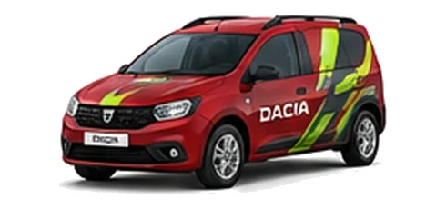 Dacia Logan MCV Van in red with custom van vinyl graphics, front three-quarter view.
