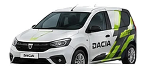 Dacia Sandero Van in white with custom van vinyl graphics, front three-quarter view.