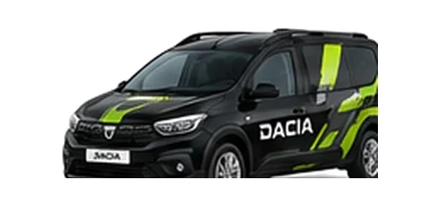 Dacia Sandero Van in black with custom van vinyl graphics, front three-quarter view.