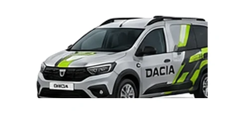 Dacia Sandero Van in silver with custom van vinyl graphics, front three-quarter view.
