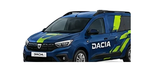 Dacia Sandero Van in blue with custom van vinyl graphics, front three-quarter view.