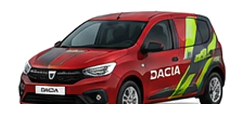 Dacia Sandero Van in red with custom van vinyl graphics, front three-quarter view.