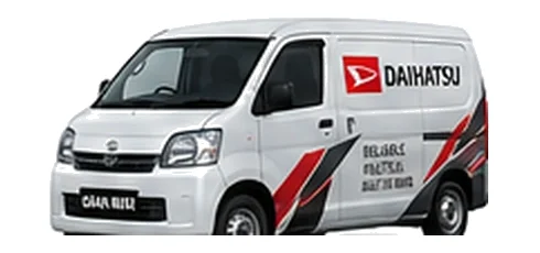 Daihatsu Gran Max Cargo in white with custom van vinyl graphics, front three-quarter view.