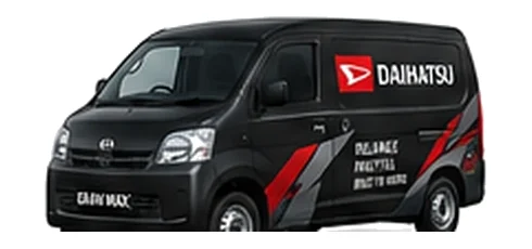 Daihatsu Gran Max Cargo in black with custom van vinyl graphics, front three-quarter view.