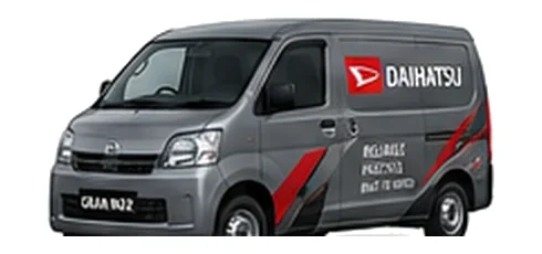 Daihatsu Gran Max Cargo in grey with custom van vinyl graphics, front three-quarter view.