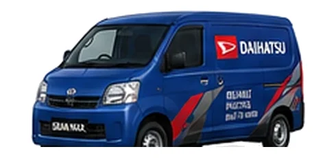 Daihatsu Gran Max Cargo in blue with custom van vinyl graphics, front three-quarter view.